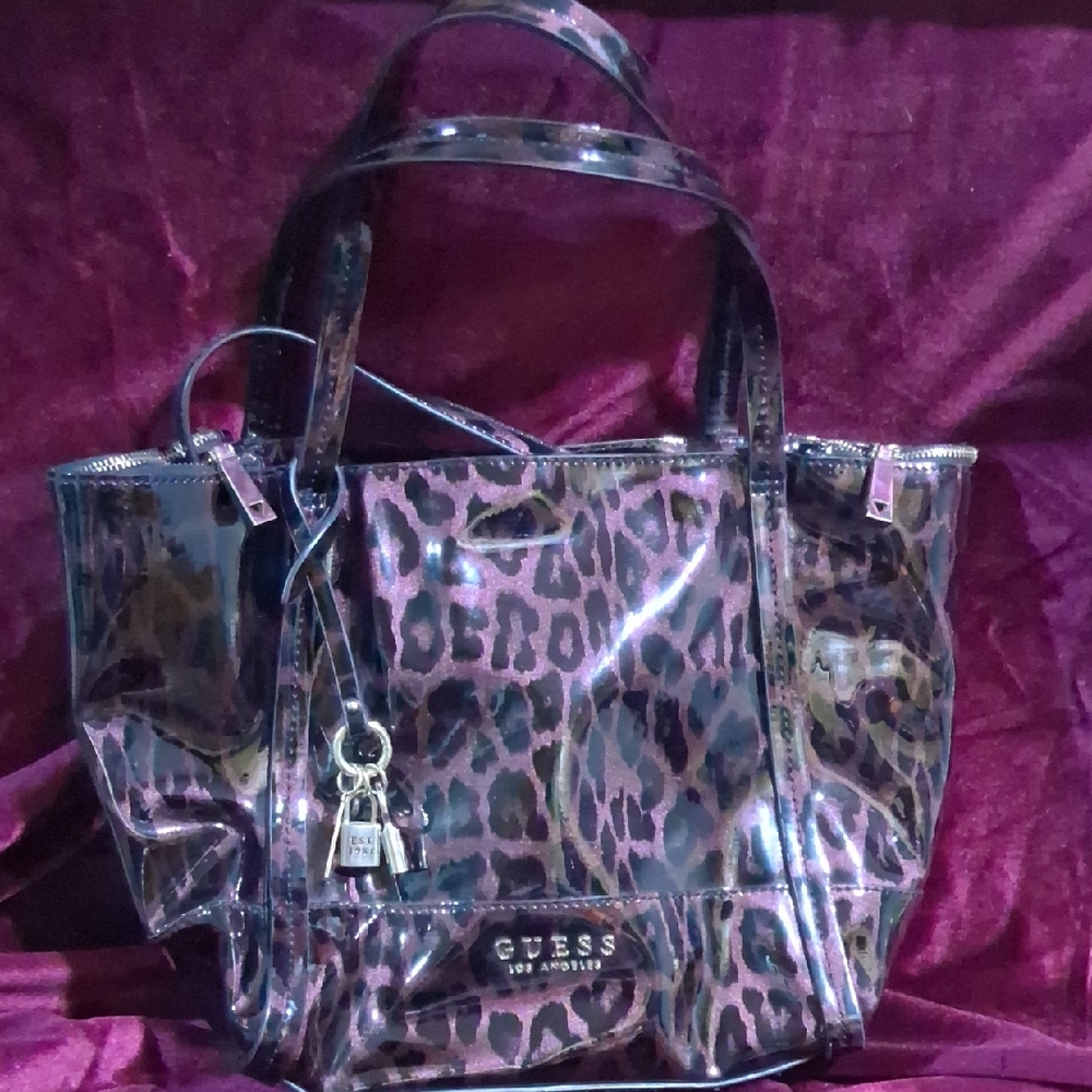 Vintage GUESS Shiny Leopard Print Tote - Black and Brown